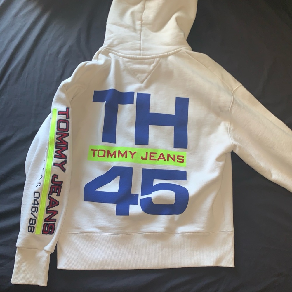 Tommy Hilfiger White Hoodie with Blue and Neon Accents